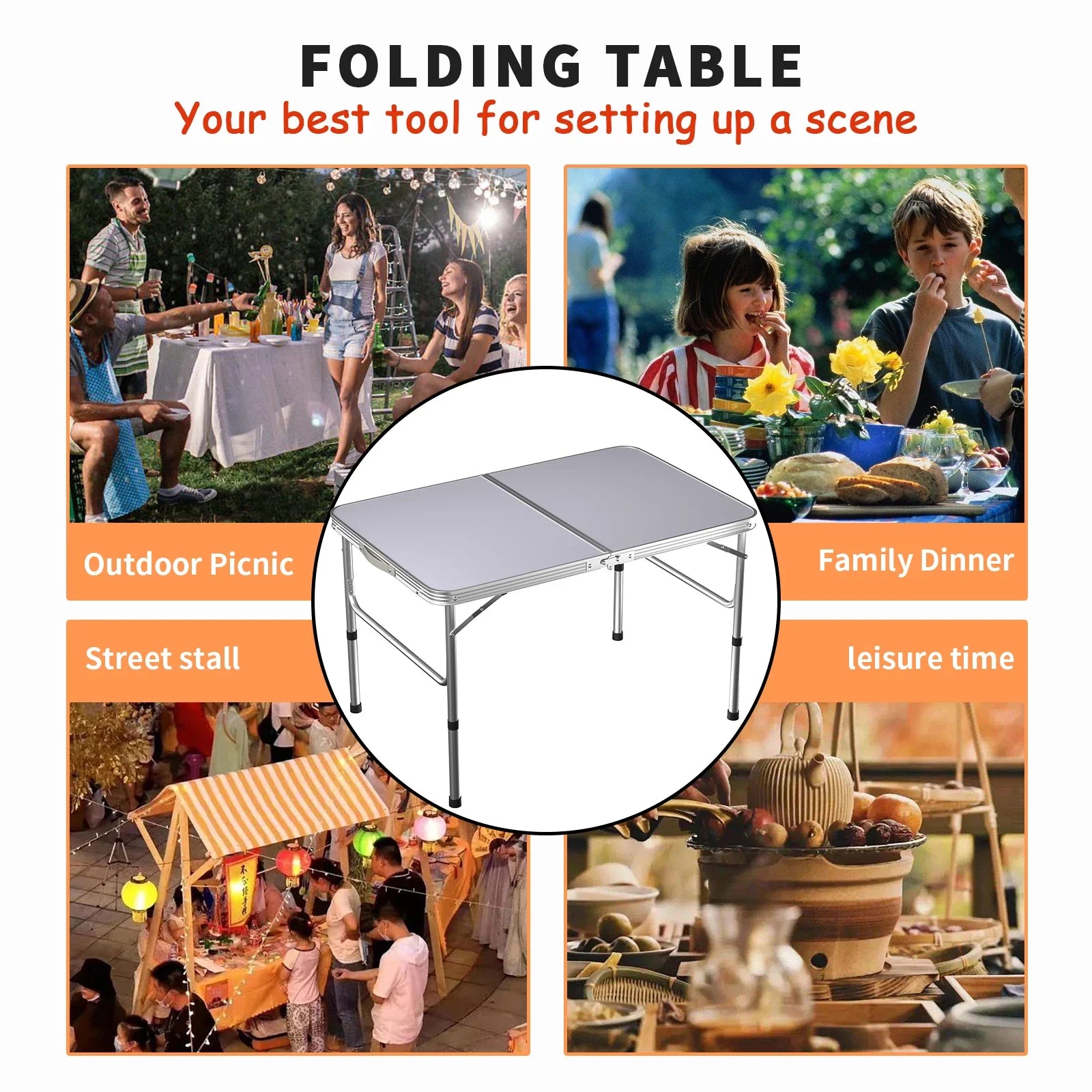 3FT/90CM Picnic Folding Tables, Aluminium Foldable Portable Adjustable Height Lightweight for Camping BBQ, 90x60x37/67cm