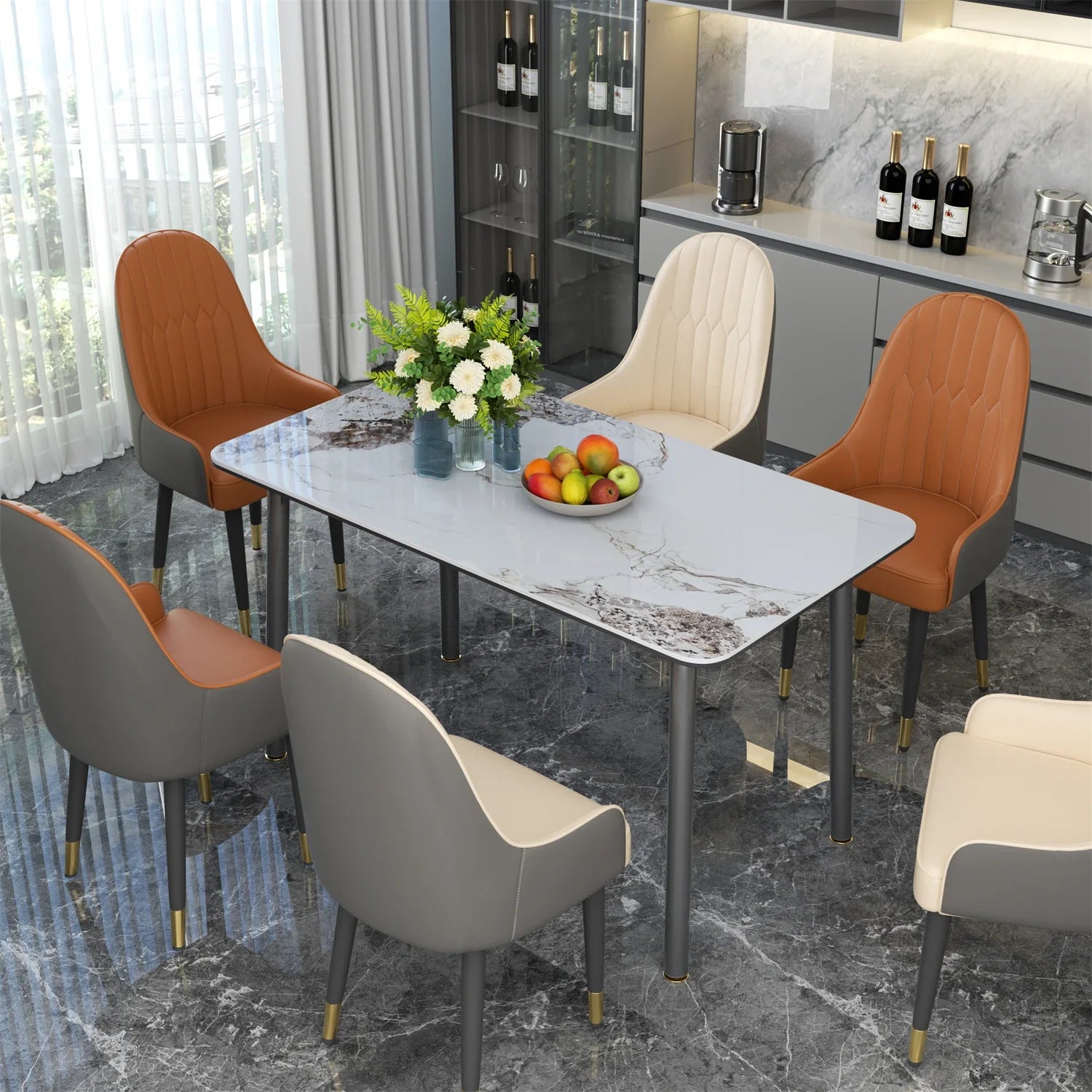 Ink Texture Sintered Stone & Glass Top Kitchen Dining Table No Chairs Rectangle Slate Dinner Table for Restaurant Cafe 1.4/1.6M