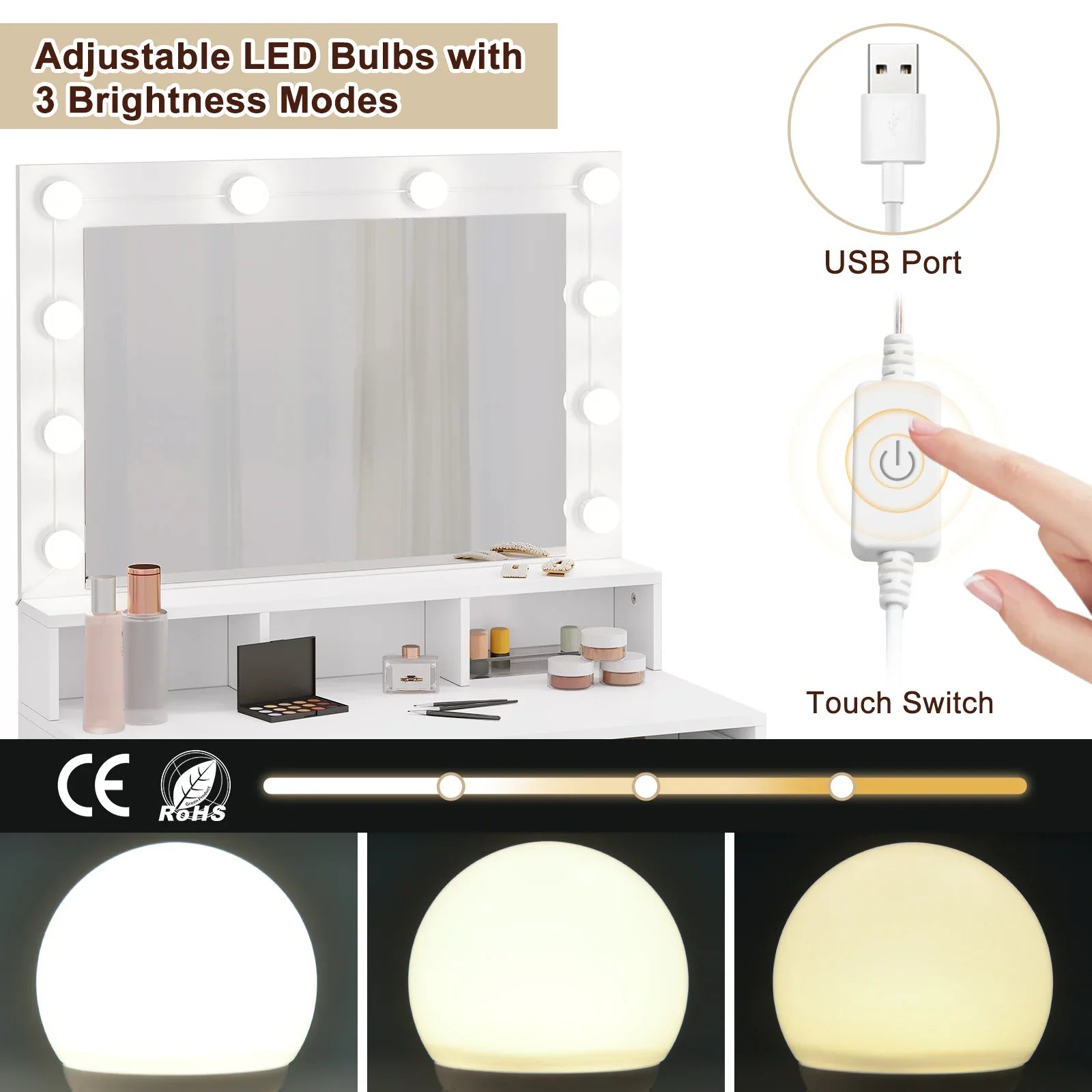 White Wooden Dressing Table Make up Cosmetic Table  with Adjustable LED Lighting Mirror vanity dresser for Gilrs  Women Bedroom