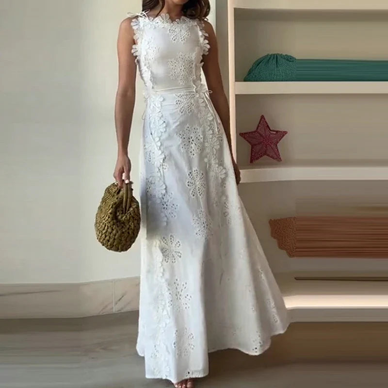 Summer Lace Jacquard Women's Banquet Dress Elegant O Neck Sleeveless Lace Up Beach Dress Fashion Hollow Out Slim Fit Long Dress