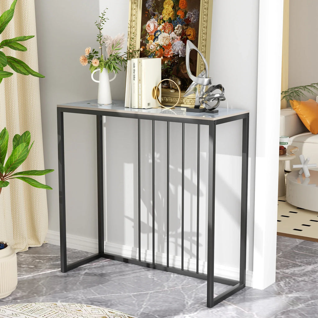 80CM Long Rectangle Marble Console Table for Living Room Entryway Accent Table Metal Frame