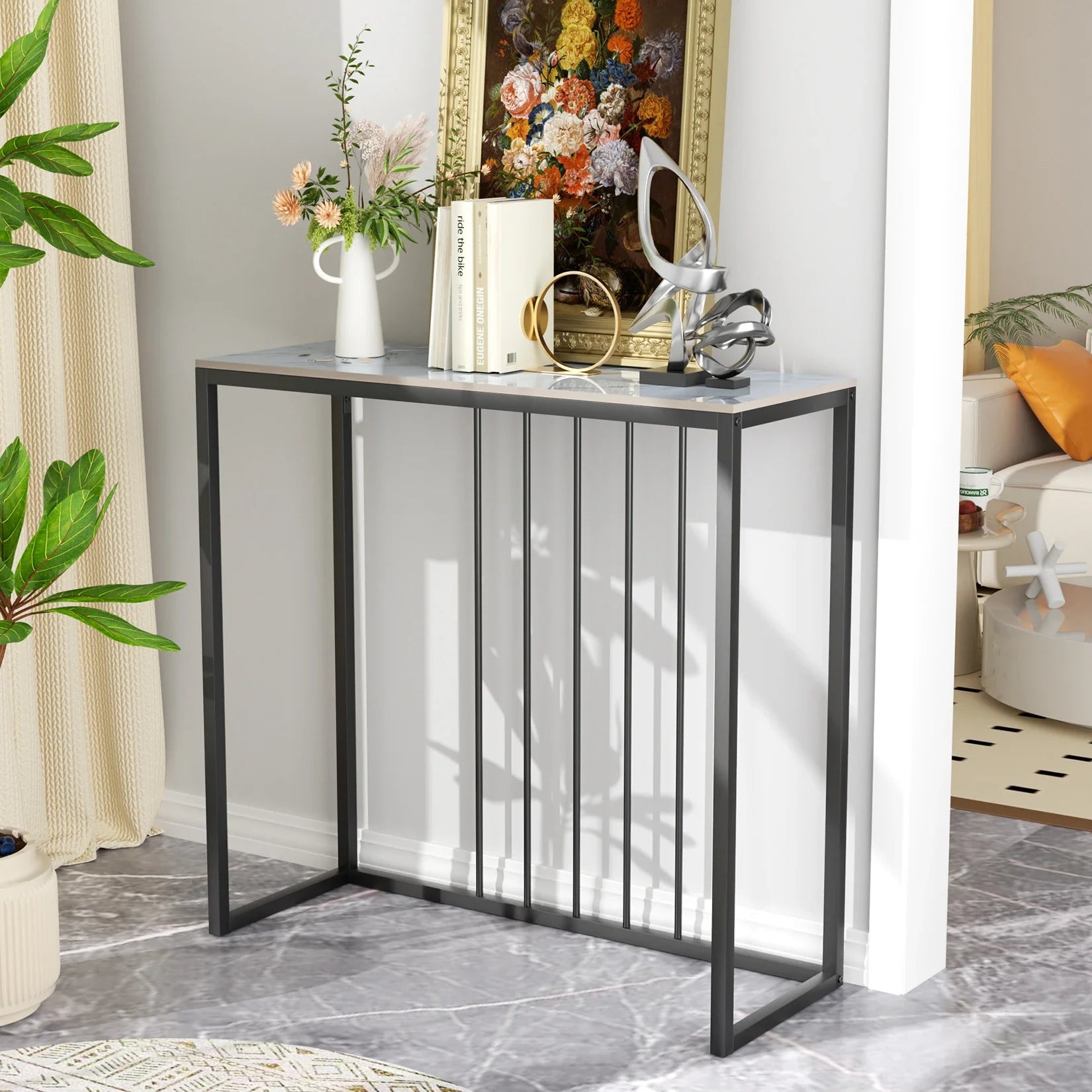 80CM Long Rectangle Marble Console Table for Living Room Entryway Accent Table Metal Frame