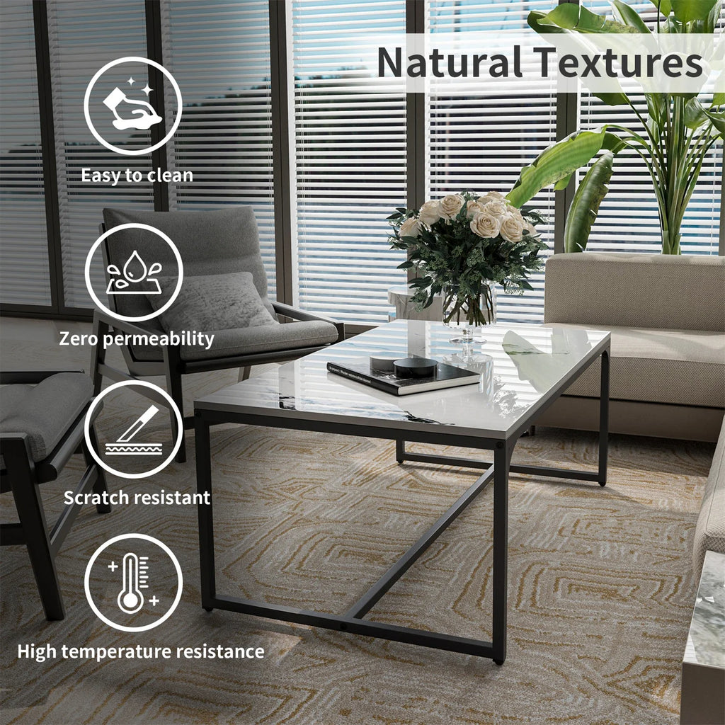 Ink Painting Texture Rectangular Coffee Table Modern Chic Sofa Side Sintered Stone-top Center Table Aluminum Frame