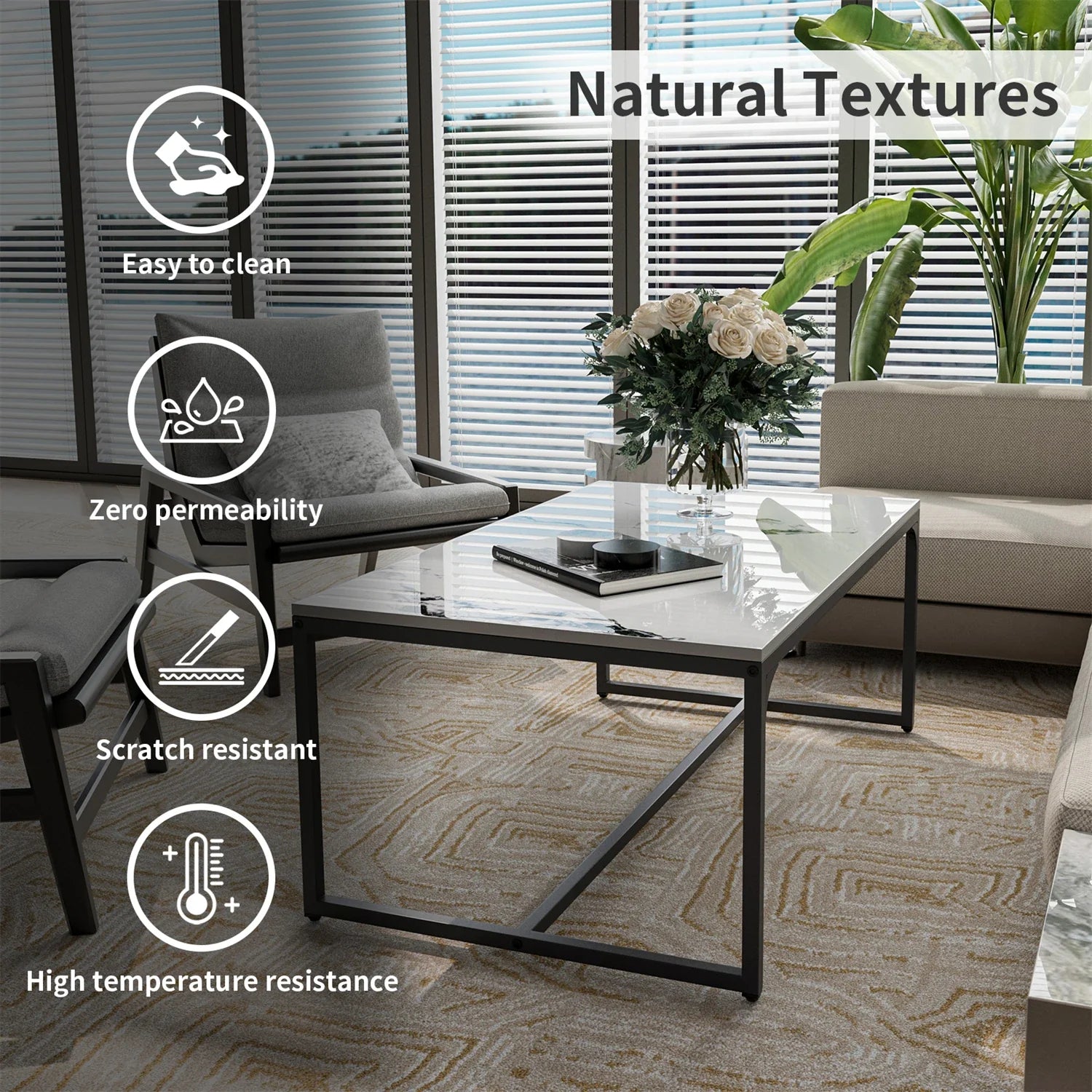 Ink Painting Texture Rectangular Coffee Table Modern Chic Sofa Side Sintered Stone-top Center Table Aluminum Frame