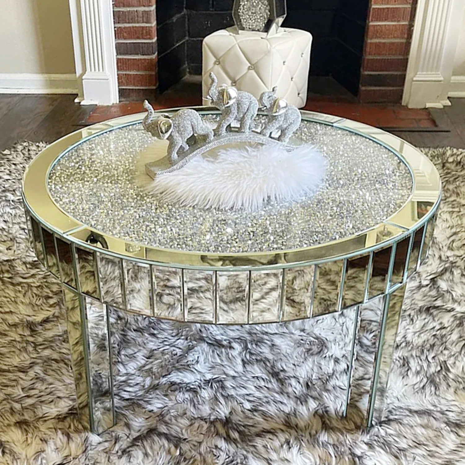 FATIVO Large Round Mirrored Coffee Table Beveled Bling Crushed Diamond End Table