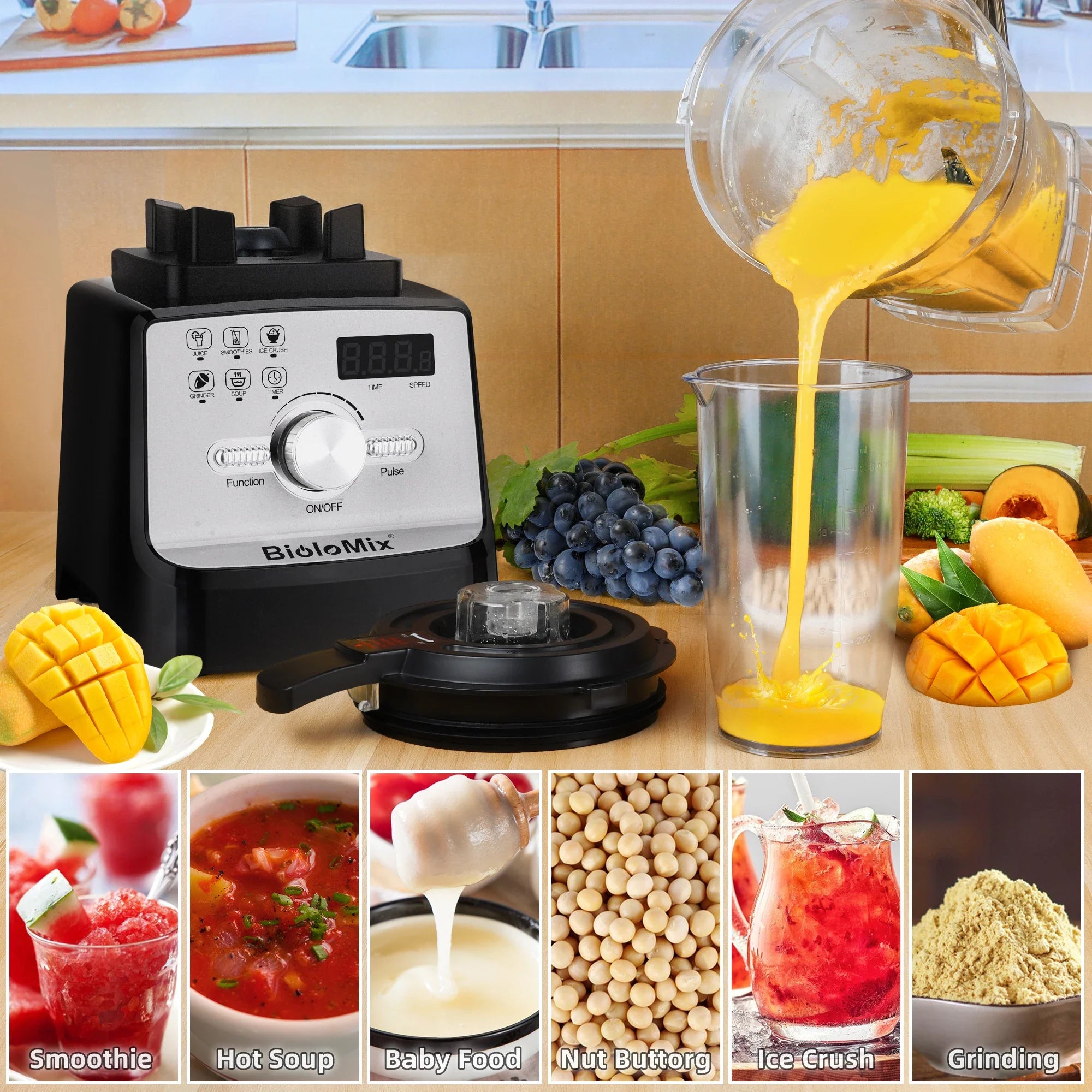 BioloMix Professional Blender Smoothie Mixer with 2L BPA Free Pitcher, Smart Timer And Pre-programed Peak 2200W Power Mixer