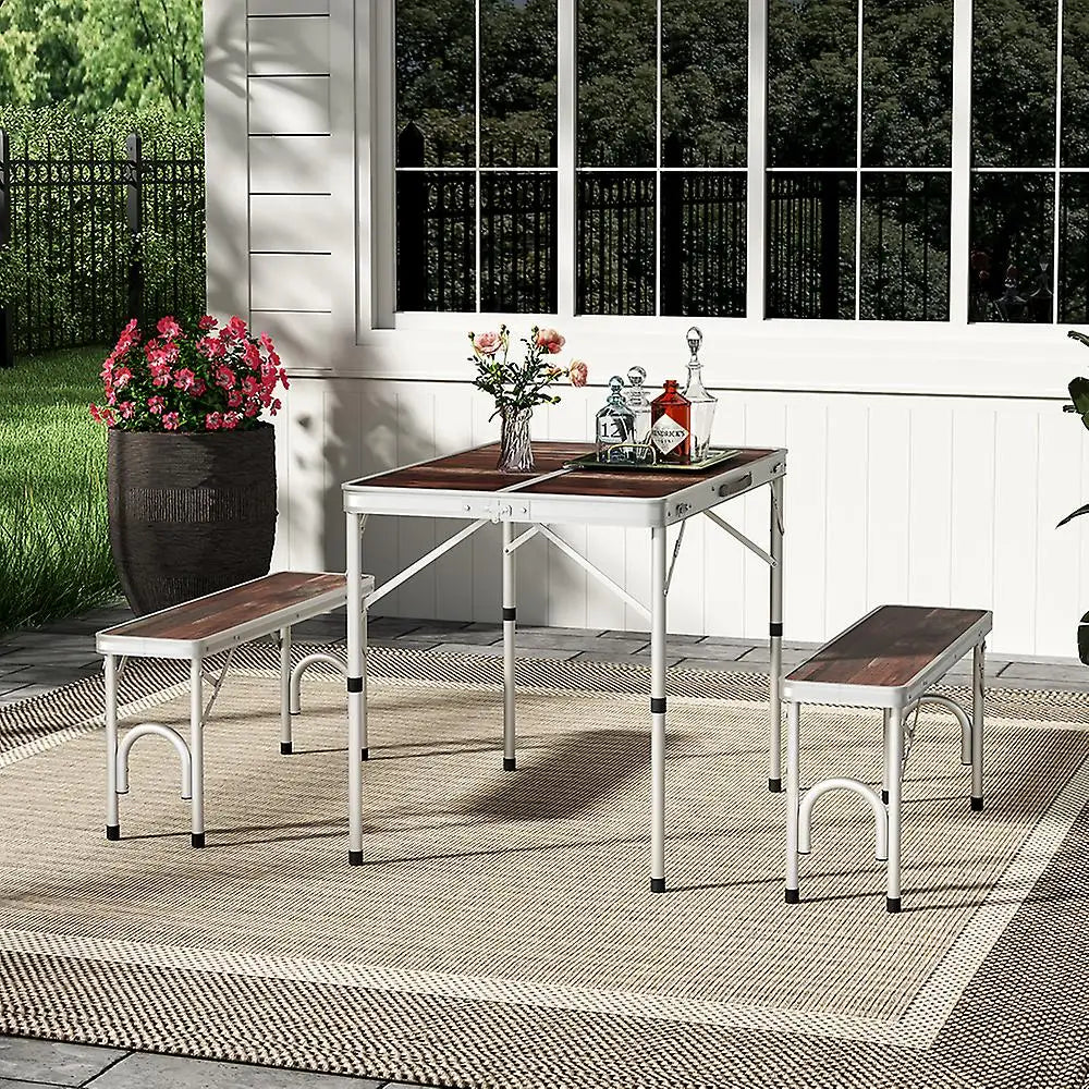 Outdoor Adjustable Picnic Table with Two Benches Parasol Hole Camping Table Foldable