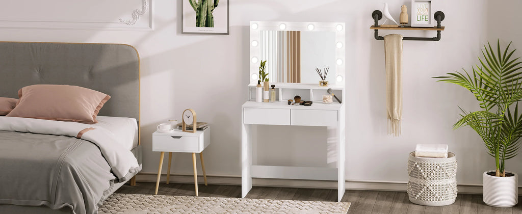 White Wooden Dressing Table Make up Cosmetic Table  with Adjustable LED Lighting Mirror vanity dresser for Gilrs  Women Bedroom
