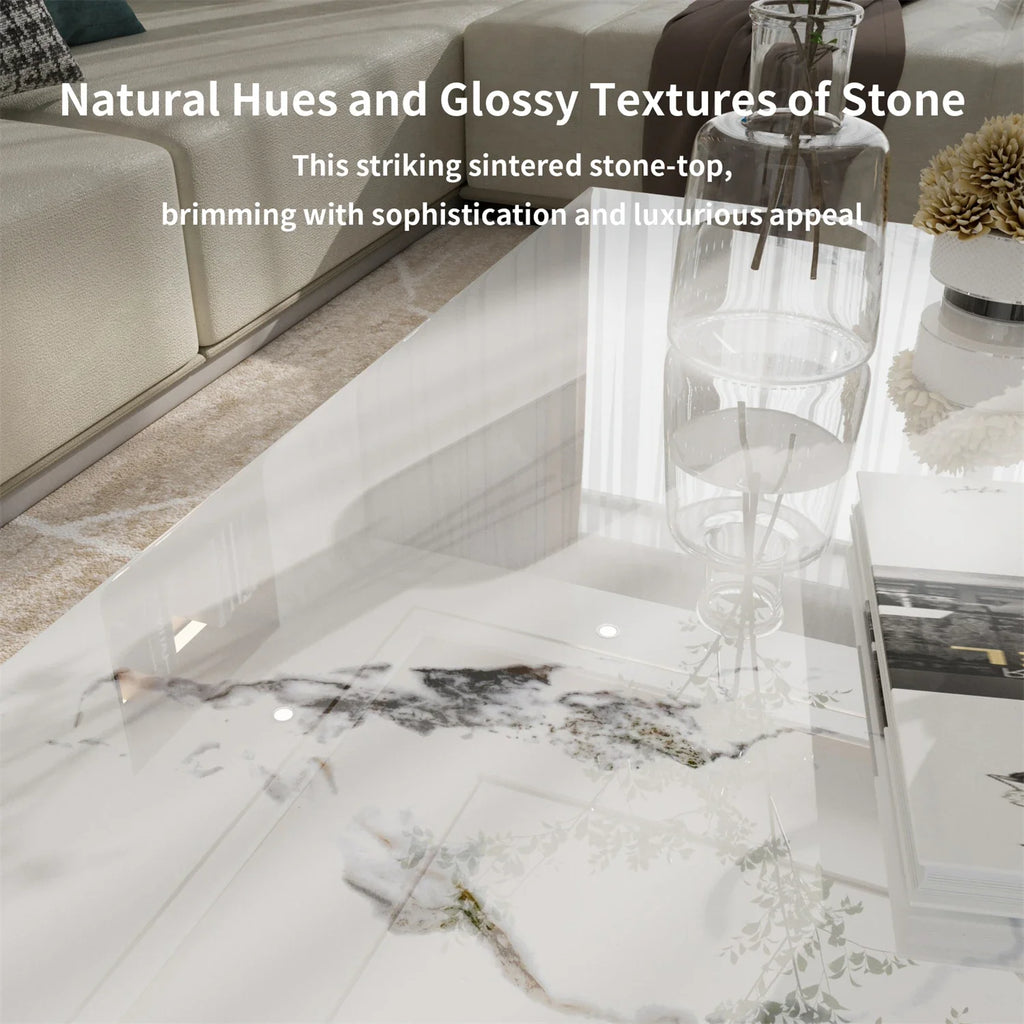 Ink Painting Texture Rectangular Coffee Table Modern Chic Sofa Side Sintered Stone-top Center Table Aluminum Frame