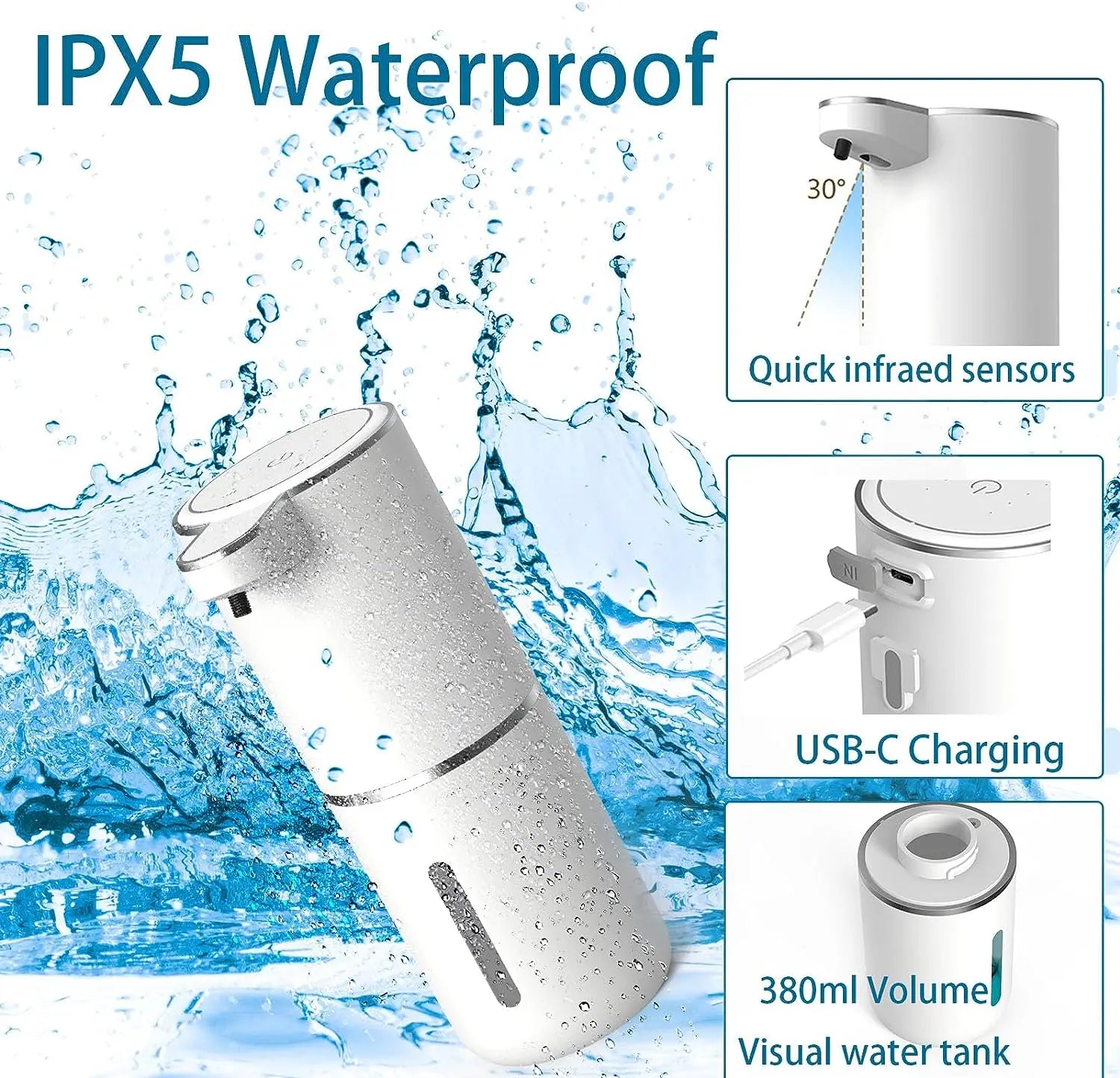 Automatic Soap Dispenser Touchless Foaming Soap Dispenser 380ml USB Rechargeable Electric 4 Level Adjustable Foam Soap Dispenser