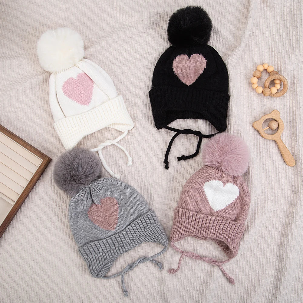 Cute Pompom Baby Turban Hats Heart Knitted Caps Boys Girls Beanies 0-3T Autumn Winter Kids Headwraps Bonnets Hair Accessories