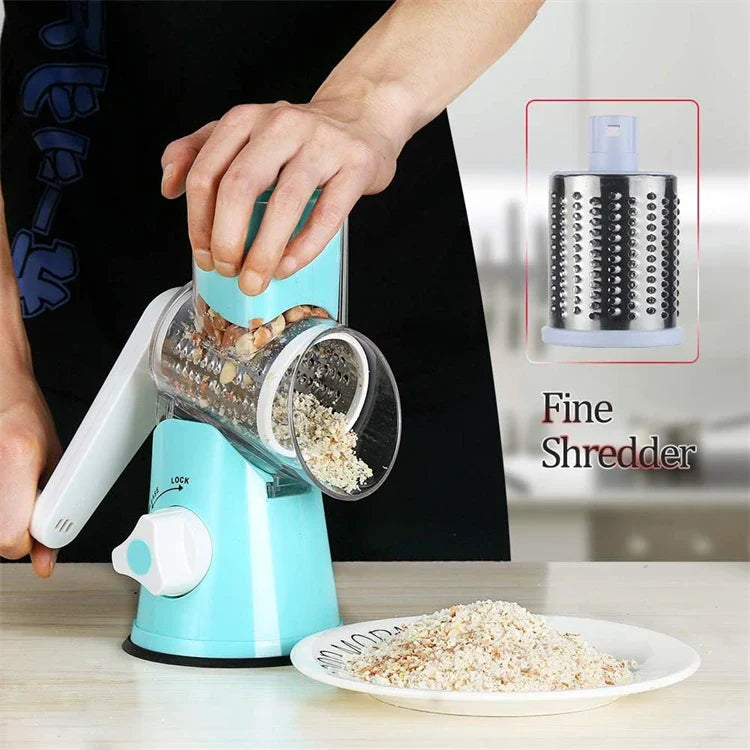 Manual Rotary Cheese Grater Shredder Kitchen Mandoline Vegetable Slicer with 3 Replaceable Stainless Steel Drum Blades YY001