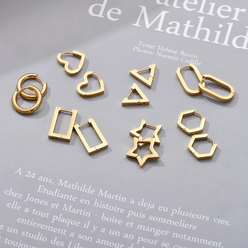 Classic Stainless Steel Hoop Earrings For Women Men Heart Star Oval Rectangle Round Triangle Gold Color Punk Hip Hop Jewelry