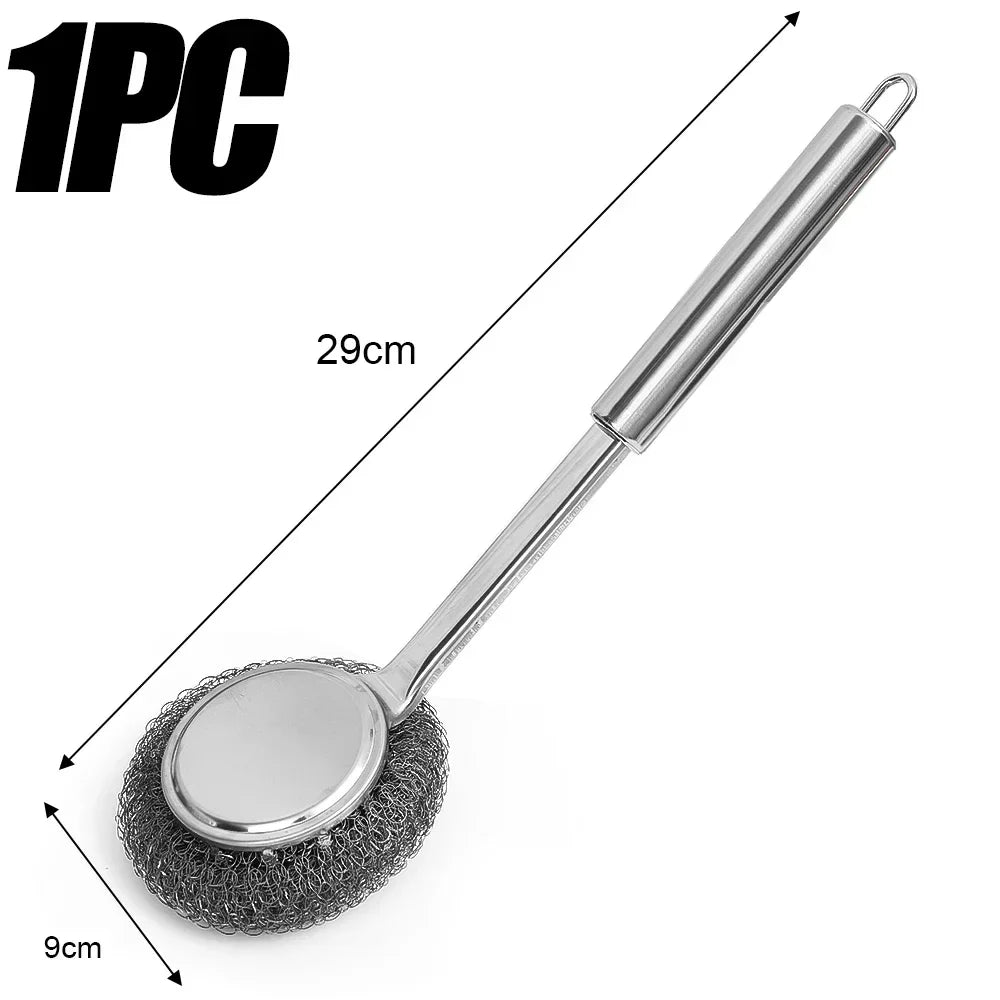 Stainless Steel Wire Brush with Long Handles Kitchen Replacement Steel Wool Wire Ball Dishwashing Brush Sink Countertop Cleaning