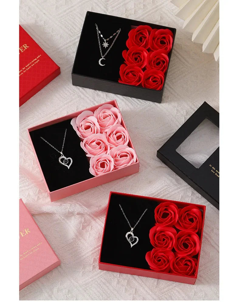Valentine's Day Jewelry Gift Packaging Box  6 Rose Pendants Ring Bracelet Eternal Flower Window Opening Jewelry Box Romantic Bag