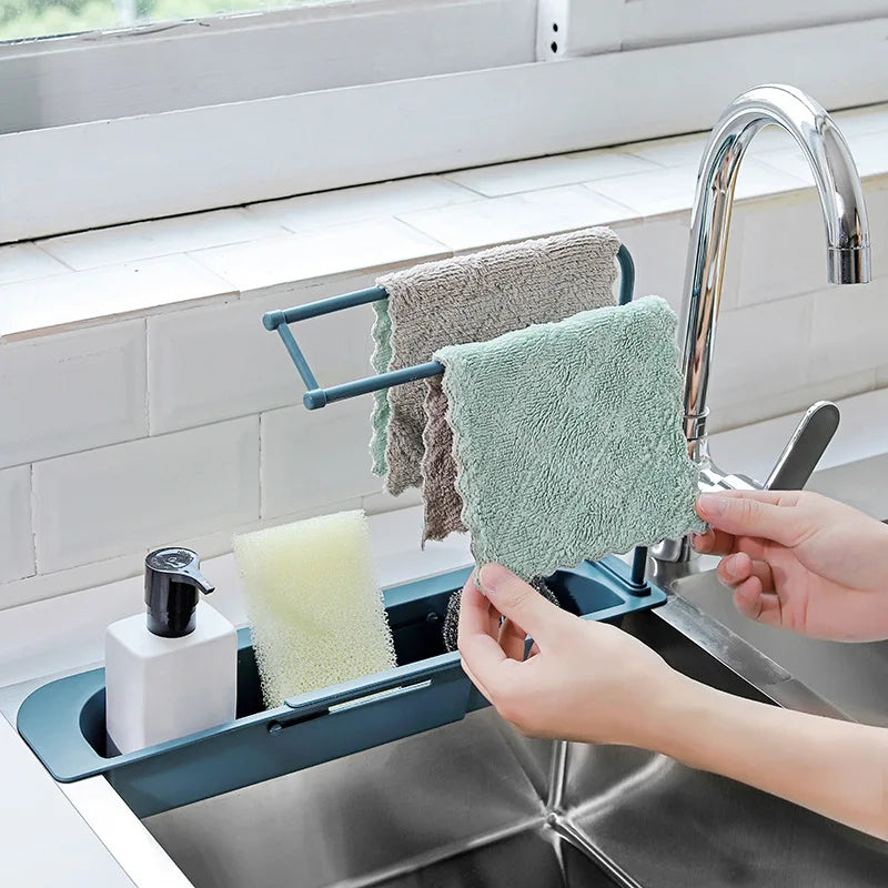 Telescopic Sink Shelf Kitchen Self Draining Rack Soap Sponge Storage Basket Holder Rag Towel Bar Household Supplies
