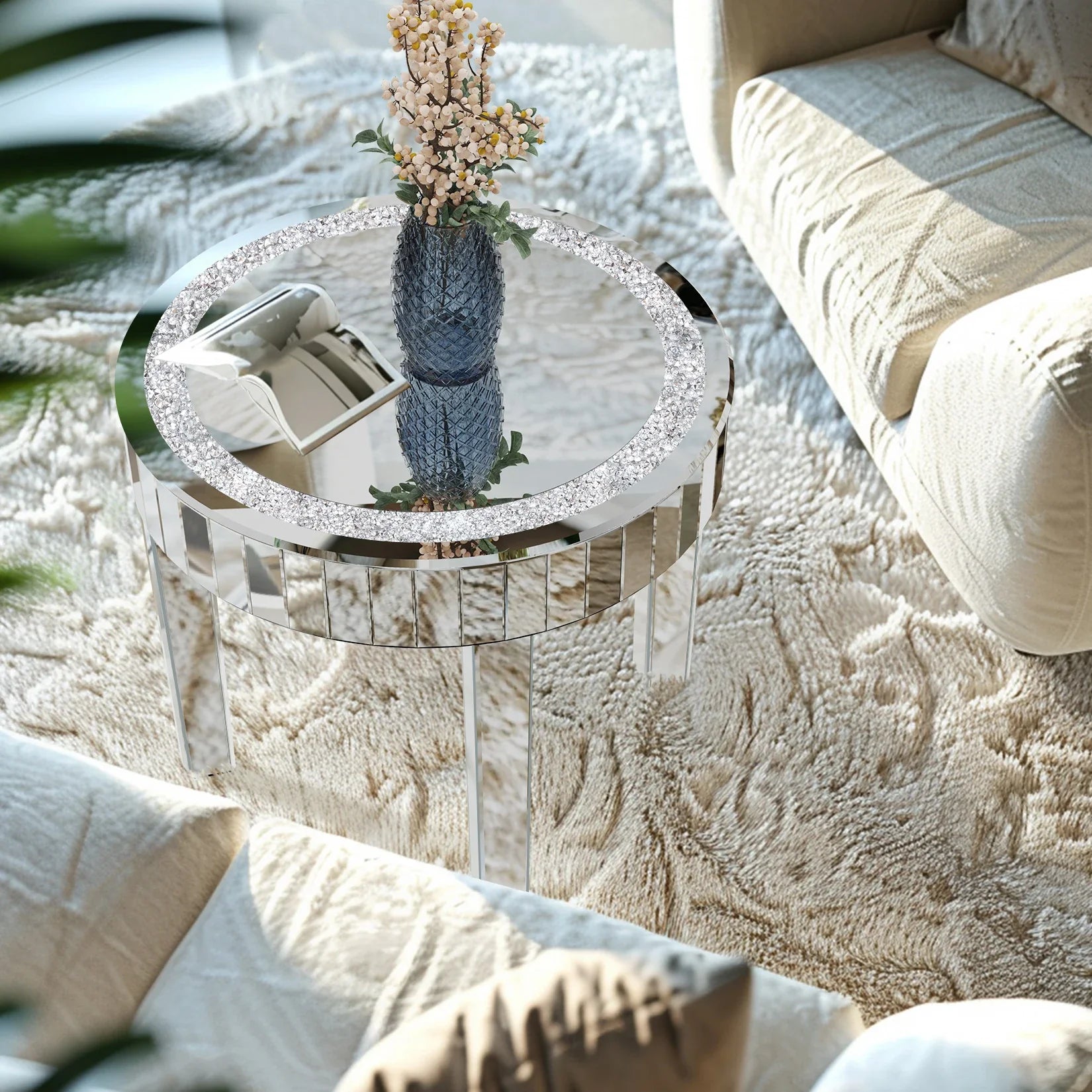 Crushed Crystal Round Mirrored Coffee Table, Sparkle Diamond, Sofa Side End Table, Accent Table, Bedside Table