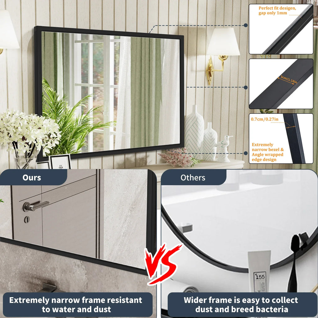 60x90CM Rectangular Wall Mounted Mirror Bathroom Bedroom Makeup Dressing Mirror Black Framed Horizontal or Vertical