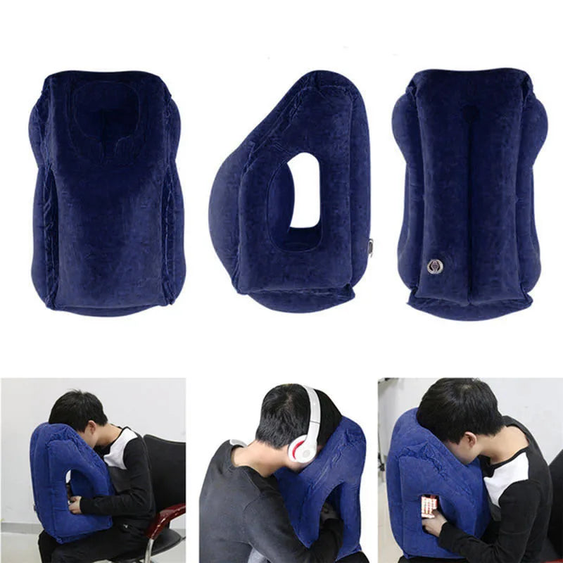 Flocked Inflatable Air Cushion Travel Pillow Headrest Chin Support Cushions for Airplane Plane Car Office Rest Neck Nap Pillows