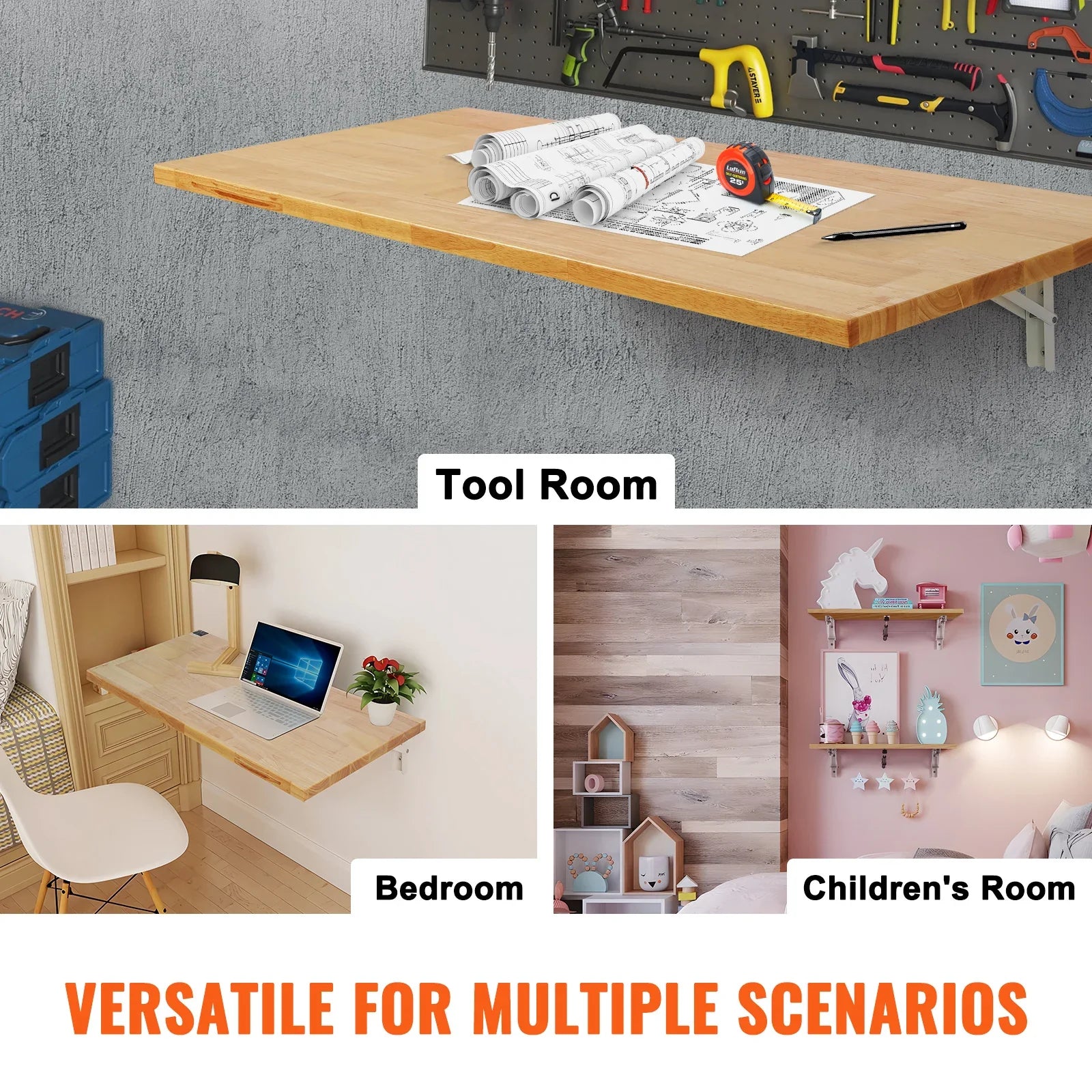 VEVOR Wall Mounted Folding Table, Wall Mount Drop Leaf Table, Wooden Floating Desk with Iron Bracket, Fold Down Desk for Spaces