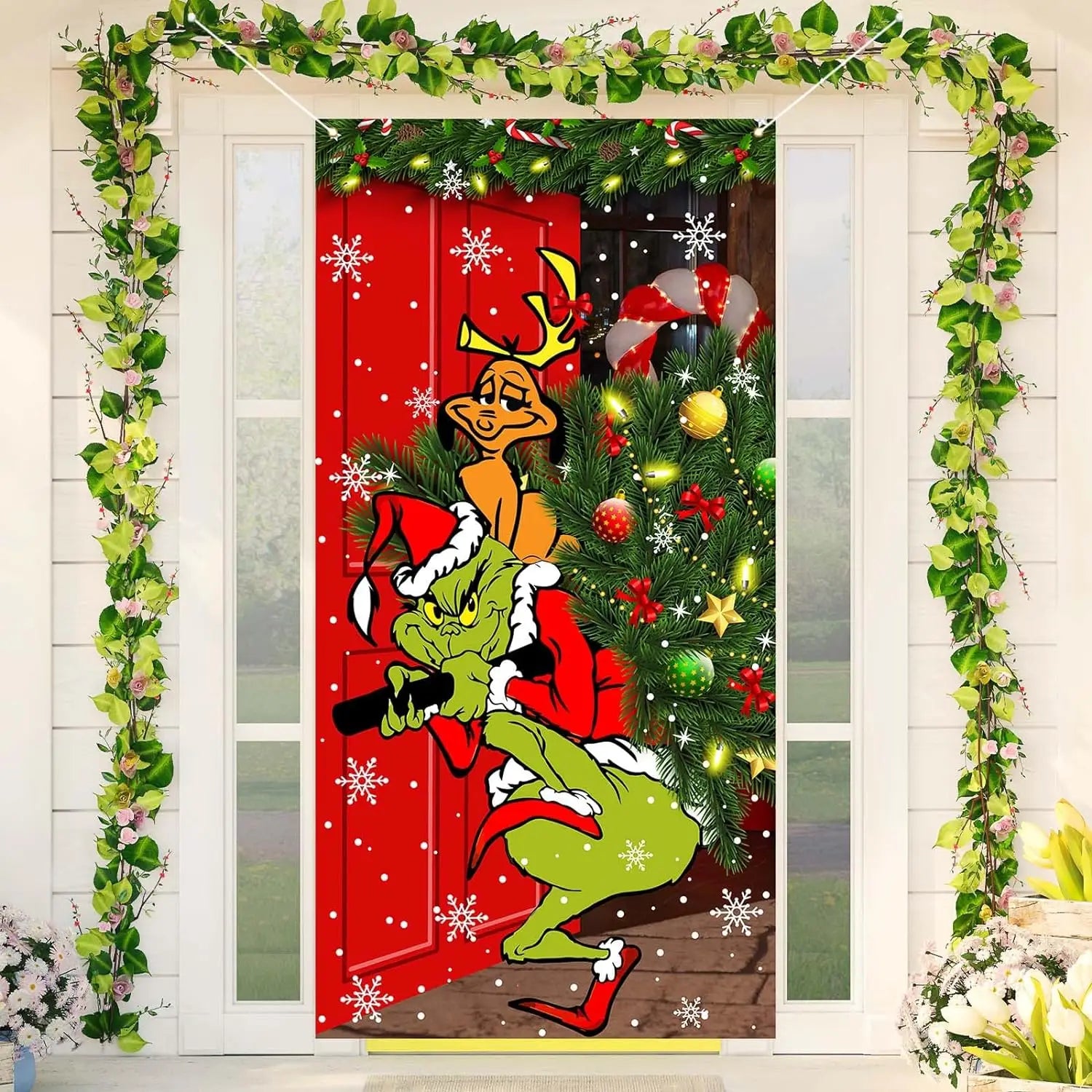 Christmas door banner, Christmas door hanging, Christmas decoration outdoor, Christmas background door hanging (green Grinch)