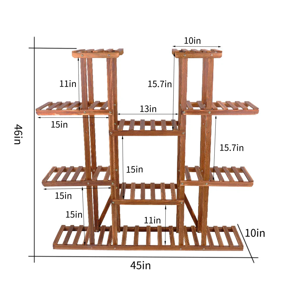 11 Tier Wood Plant Stand Carbonized High Widen Pot Display Shelf Holder Flower Shop Office Garden Indoor Outdoor Decor