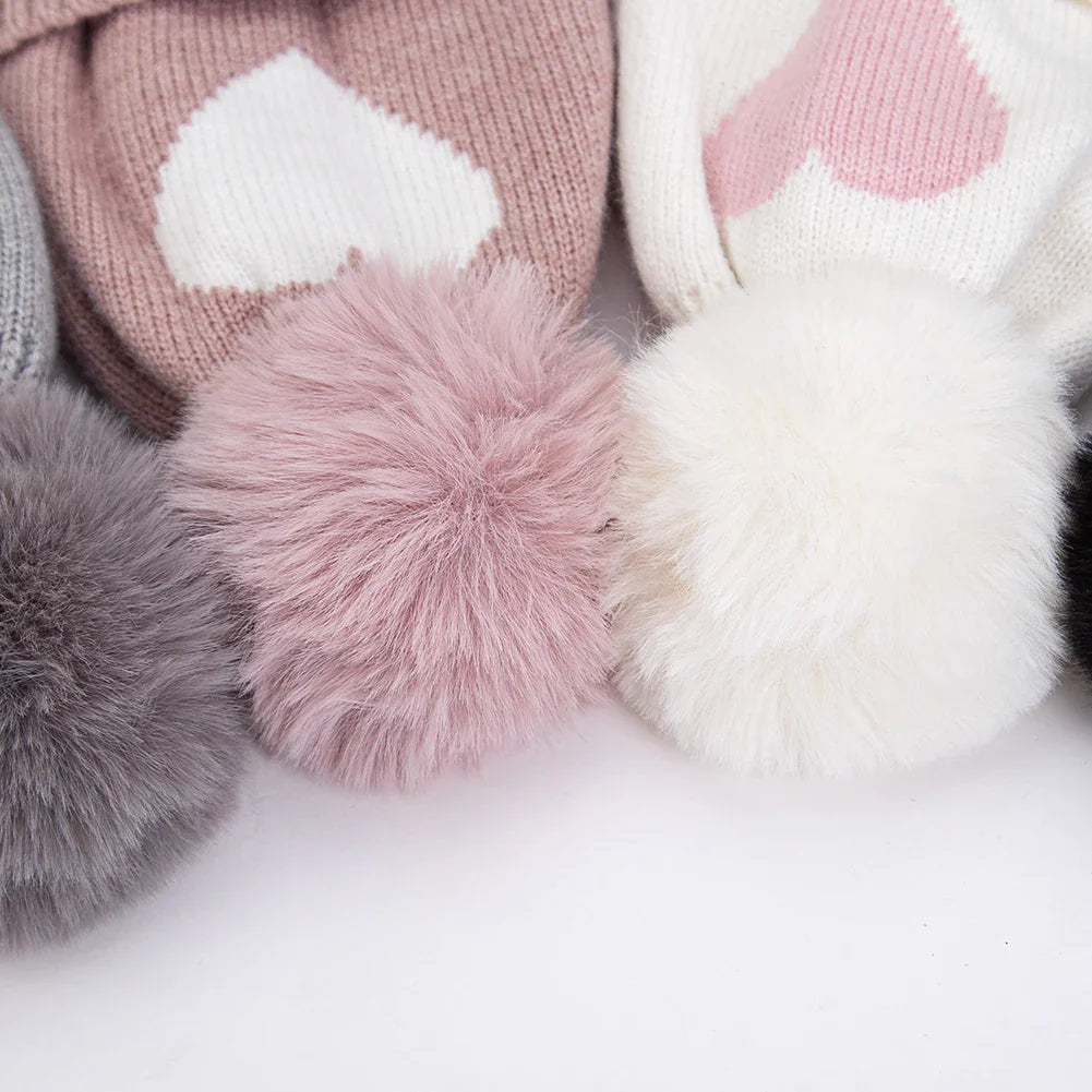 Cute Pompom Baby Turban Hats Heart Knitted Caps Boys Girls Beanies 0-3T Autumn Winter Kids Headwraps Bonnets Hair Accessories
