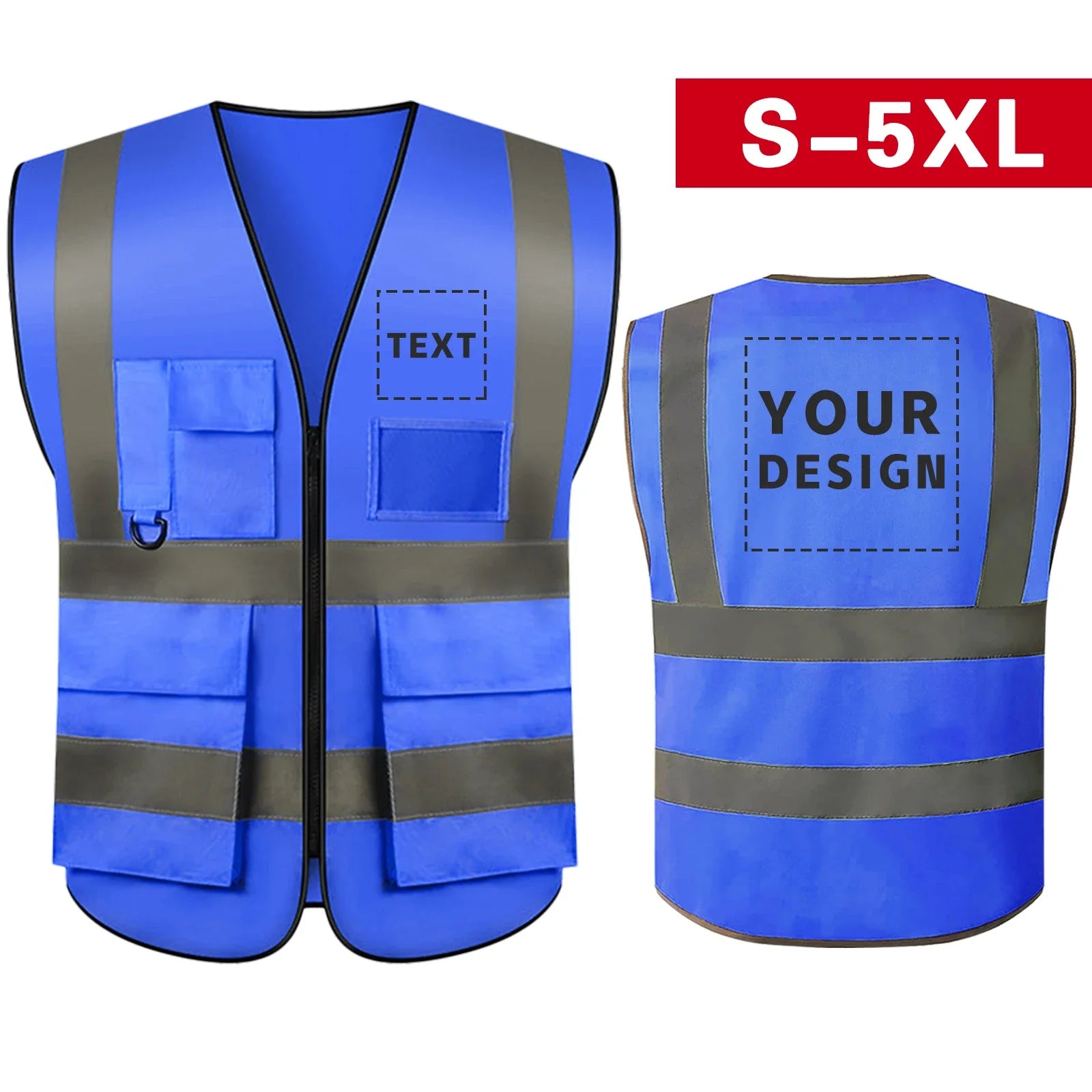 S-5XL Custom LOGO Safety Vest Reflective Vest with Pockets and Zipper High Visibility Construction Vest Workwear
