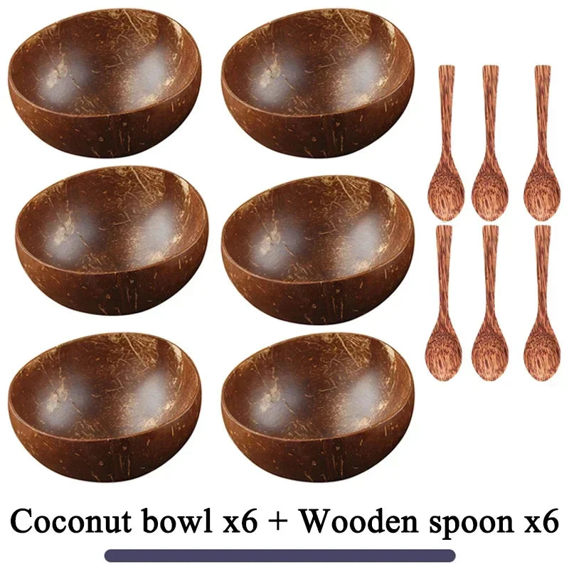 Natural Coconut Bowl Dinner Set for Women, Handmade Wooden Tableware, Wood Spoon, Dessert Fruit Salad, Mixing Rice Ramen Bowl, 1