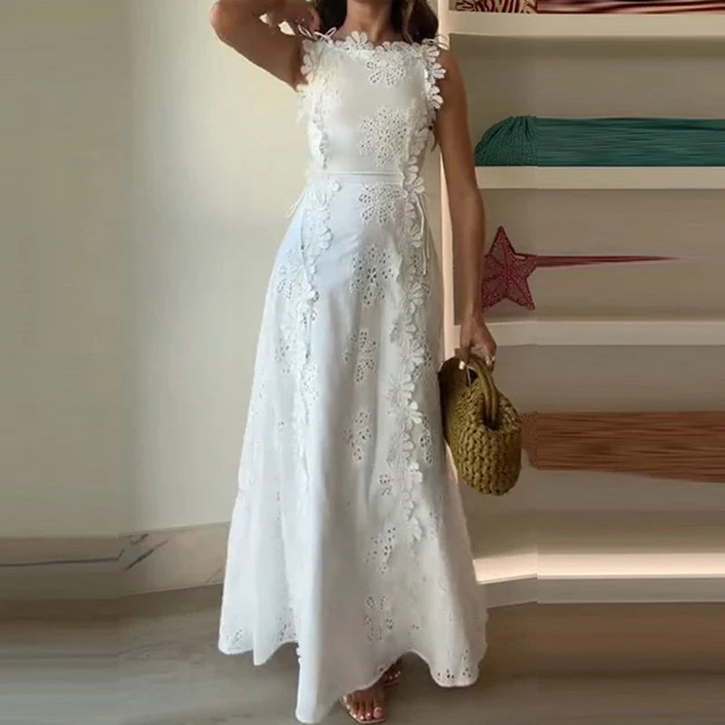 Elegant Hollow Out Floral Bandage Party Dress New Solid Color Lace Embroidery Evening Dress Trendy Sleeveless Women White Dress