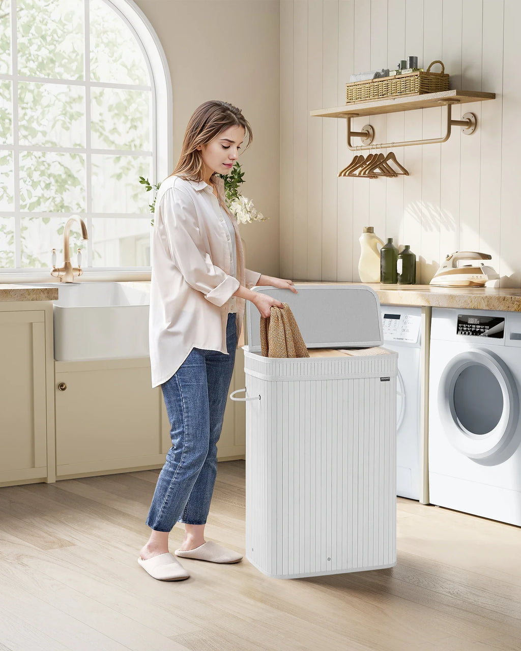 SONGMICS Laundry Hamper with Lid, Bamboo Laundry Basket, Removable Machine Washable Hamper Basket, with Handles, 72 L