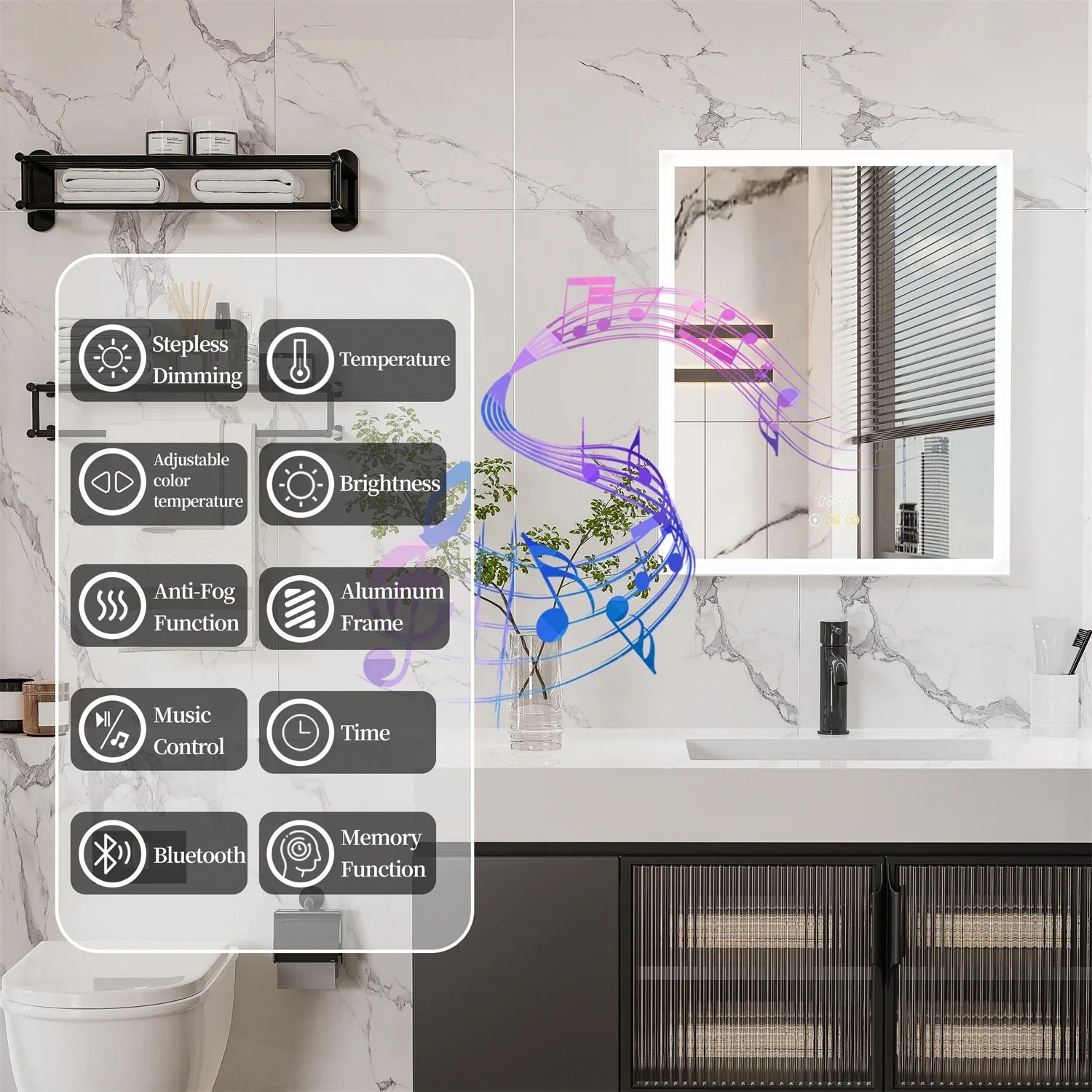 60/70CM Illuminated LED Wall Mirrored Bathroom Storage Medicine Cabinet with Shaver Socket, Bluetooth Speaker Anti-Fog