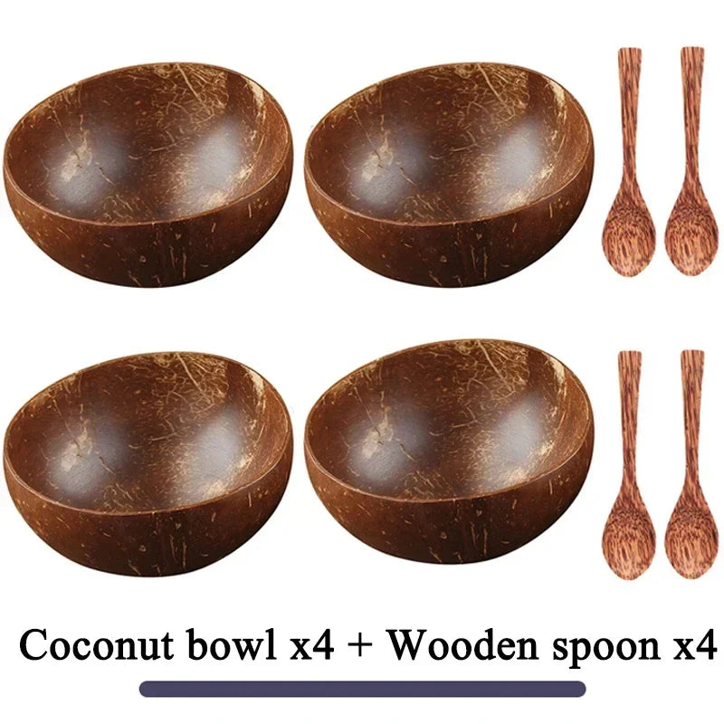 Natural Coconut Bowl Dinner Set for Women, Handmade Wooden Tableware, Wood Spoon, Dessert Fruit Salad, Mixing Rice Ramen Bowl, 1
