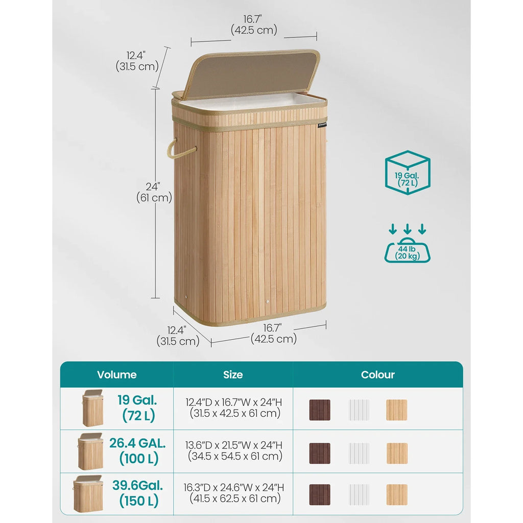 SONGMICS Laundry Hamper with Lid, Bamboo Laundry Basket, Removable Machine Washable Hamper Basket, with Handles, 72 L