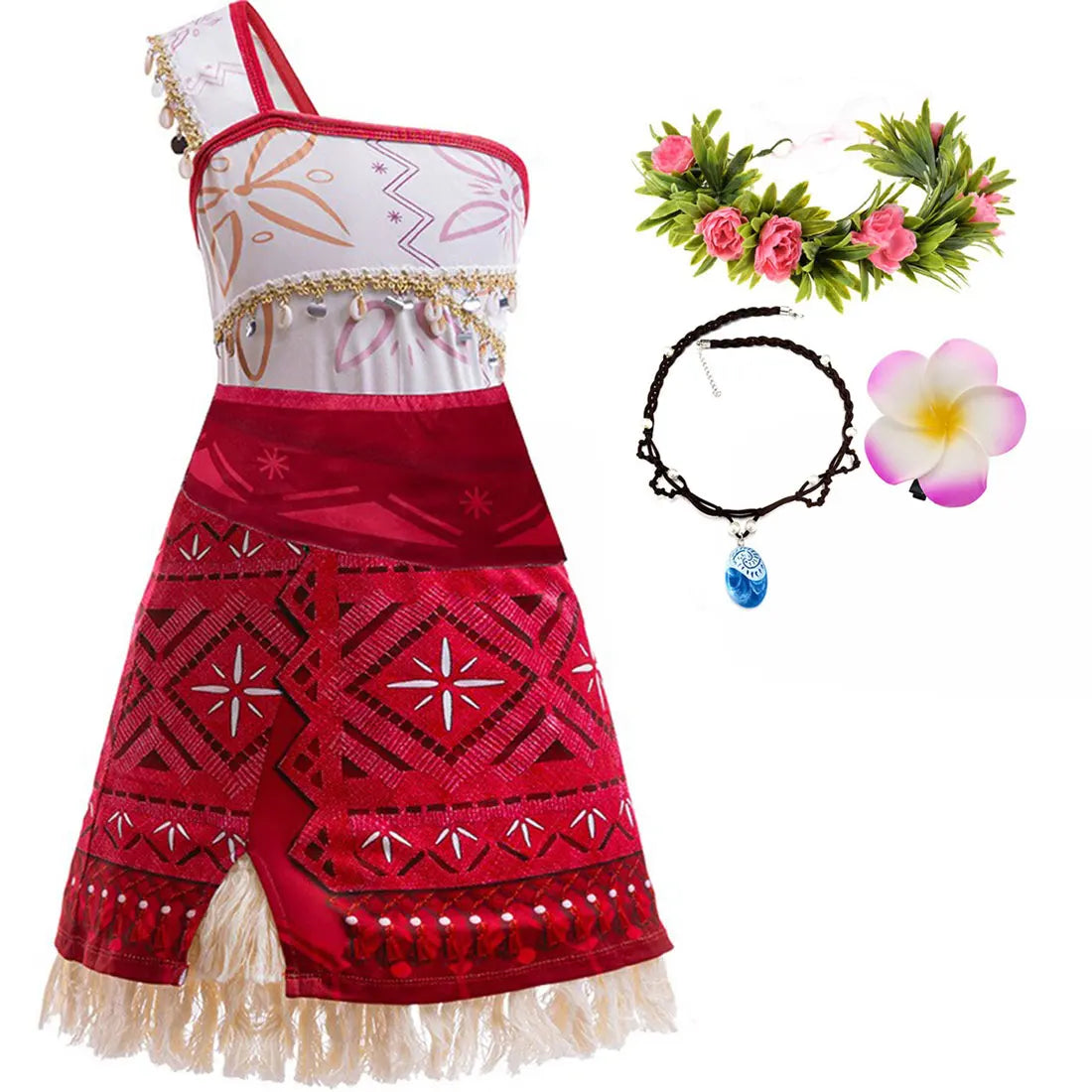 Disney New Movie Moana 2 Dress Christmas Girl Moana Princess Dress Cosplay Girls One-Shoulder Suspender Dress Accessories Set
