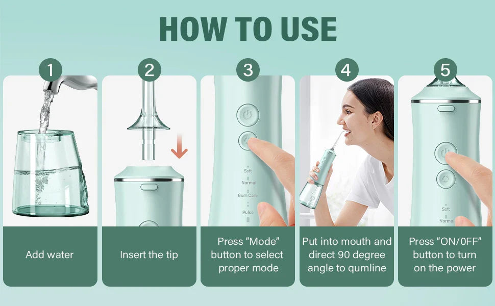Sejoy Water Dental Flosser Portable Teeth Picks 6 Jets 4 Modes Cordless Oral Irrigator Rechargeable IPX7 Teeth Cleaner