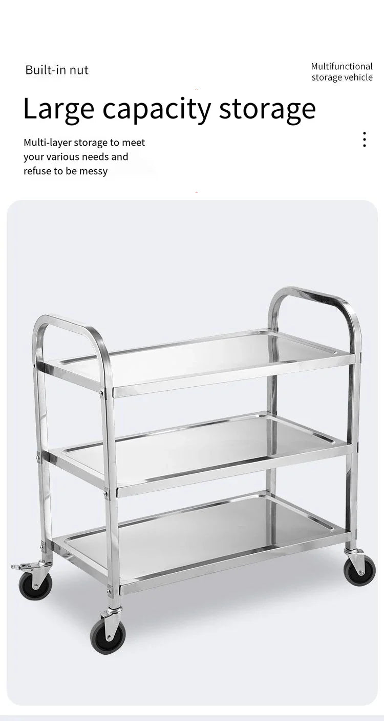 Stainless Steel Cart with Thickened Three Layers- Kitchen Utility Cart for Serving  Collecting Dishes Multi-functional Trolley