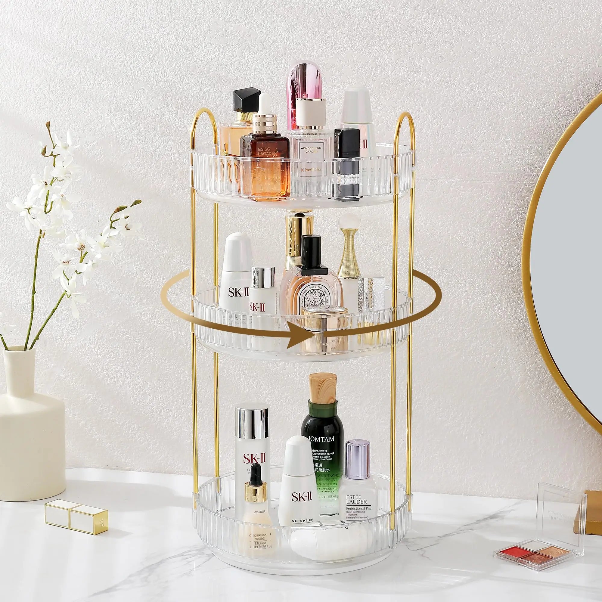 Rotating Makeup Organizer for Vanity Make Up Storage Box for Bathroom Counter Clear Cosmetic Toiletry Dresser Spinning Holder