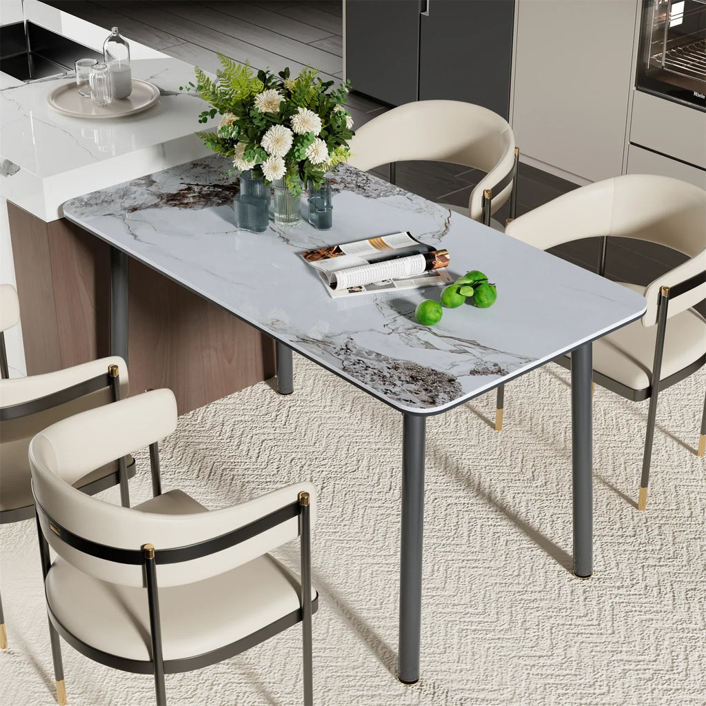 Ink Texture Sintered Stone & Glass Top Kitchen Dining Table No Chairs Rectangle Slate Dinner Table for Restaurant Cafe 1.4/1.6M