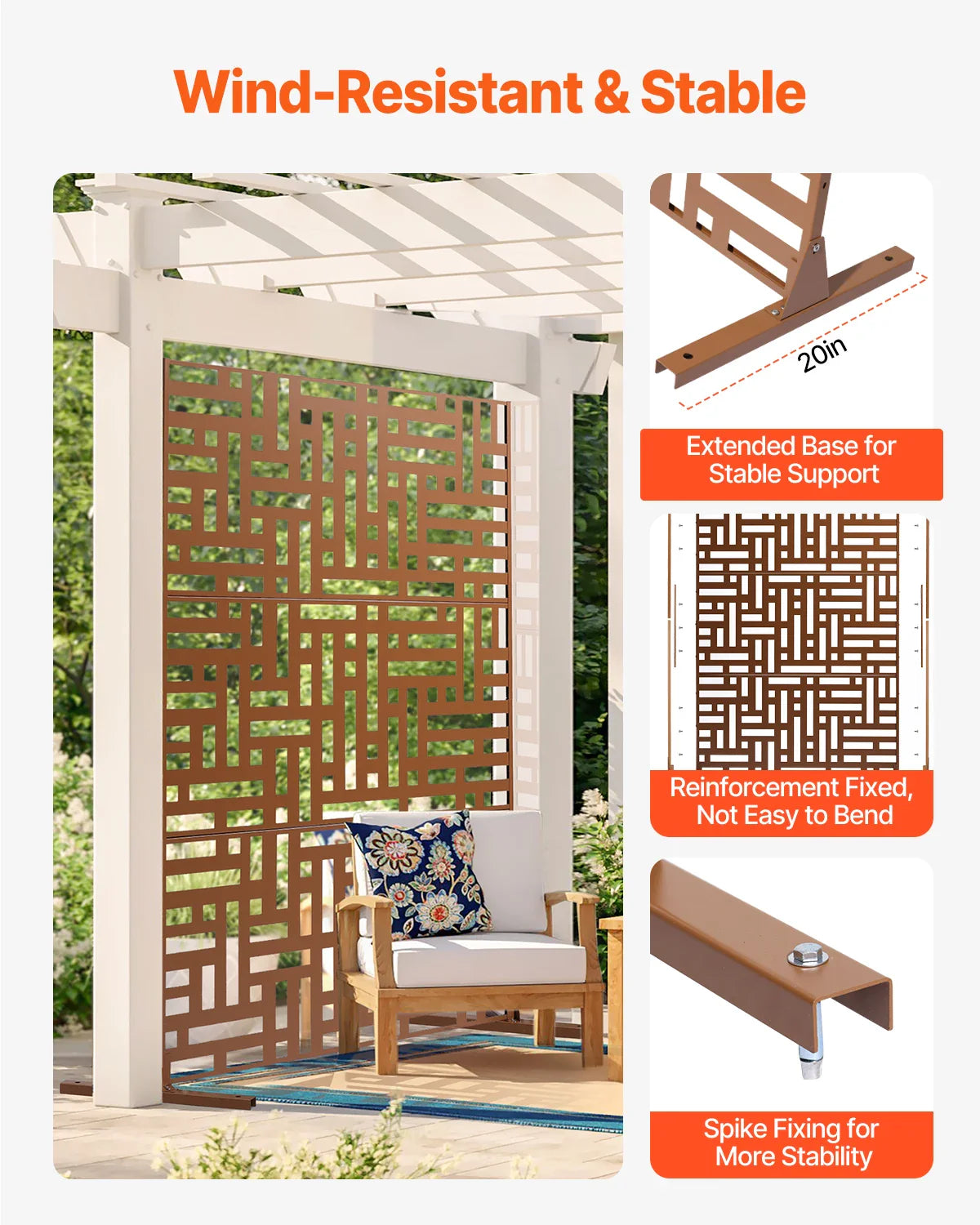 VEVOR Metal Privacy Screen Freestanding Outdoor Divider with Stand 3-Panel Decorative Garden Steel Privacy Fence for Balcony