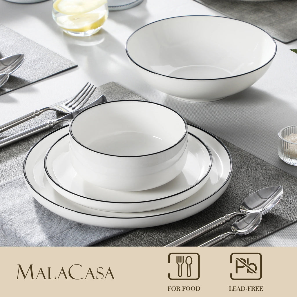 MALACASA 24/48Piece Ceramic Plates Black Rim Porcelain Dinnerware Set  6/12 Pcs Dinner/Soup/Dessert Plates/Bowl Service for 6/12