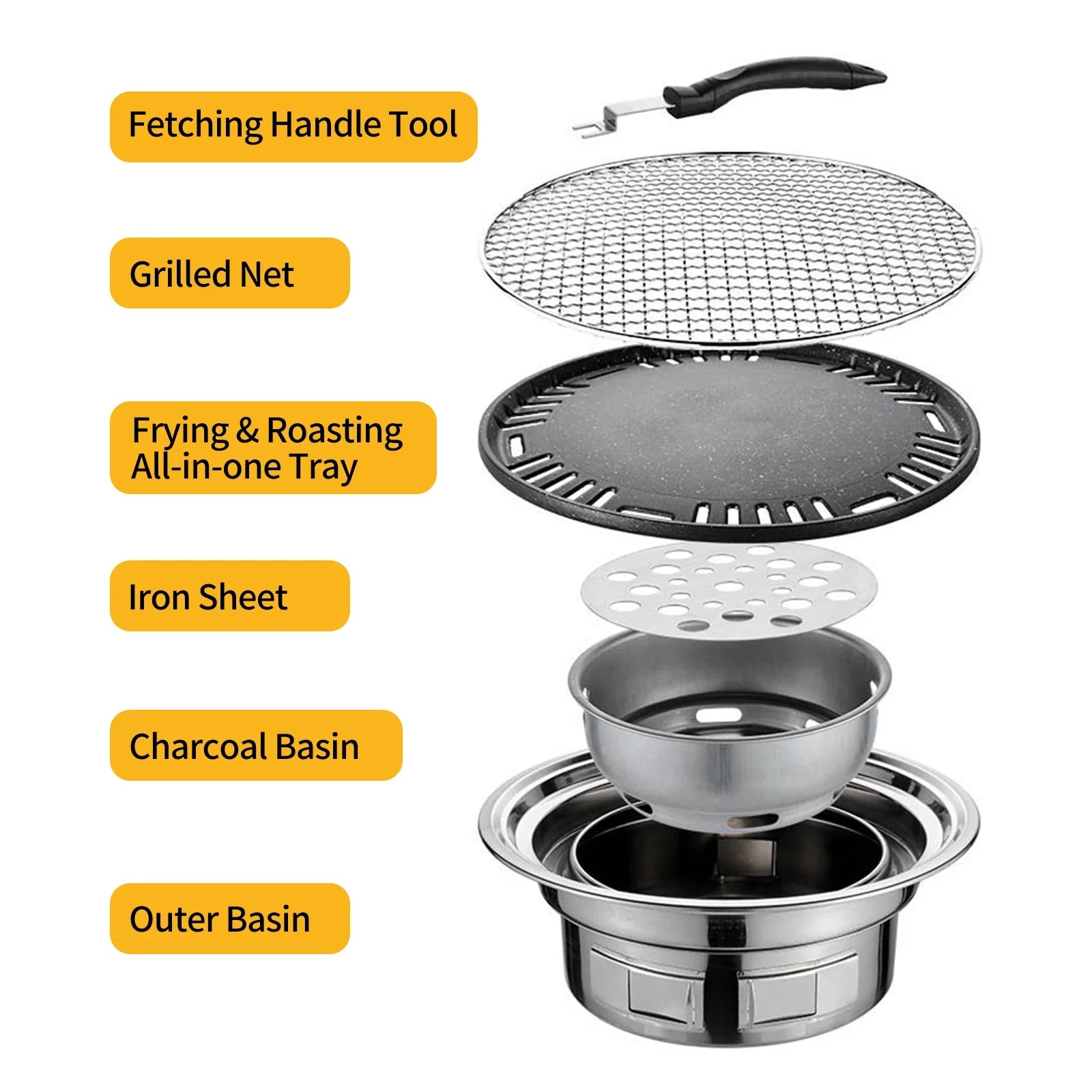 13Inch Korean BBQ Grill Multifunctional Charcoal Barbecue Grill Round Camping Grill Stove Tabletop Smoker Grill Grilled Net&Tray