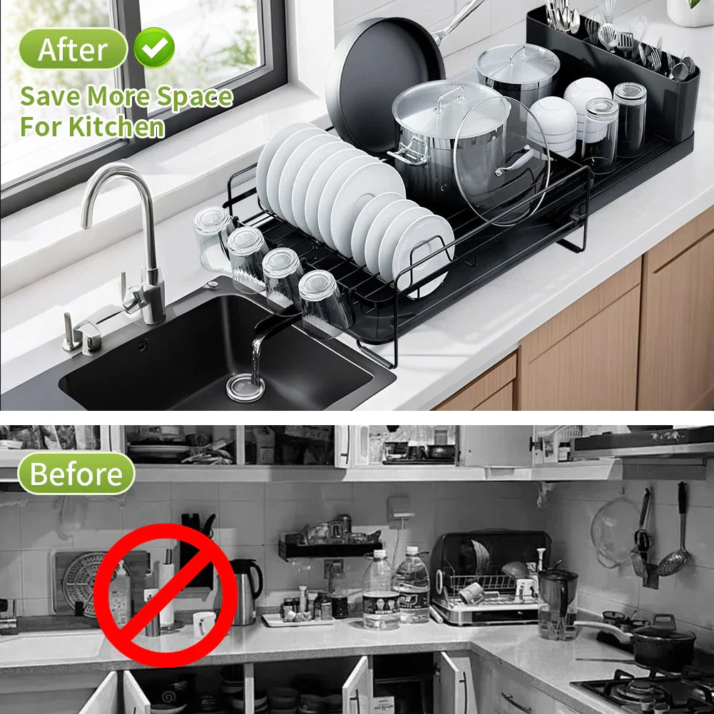 Dish Drainer Rack - Extendable Dish Drainer, Multifunctional Anti-Rust Dish Rack for Kitchen Counter, with Cutlery & Cup Holders