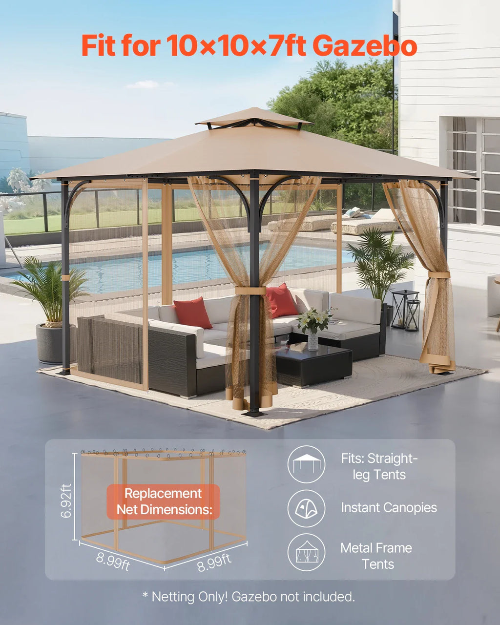 VEVOR Gazebo Netting Replacement Outdoor Garden Gazebo Ne 4-Panel Sidewall Mesh Gazebo Curtain with Double Zipper for Garden