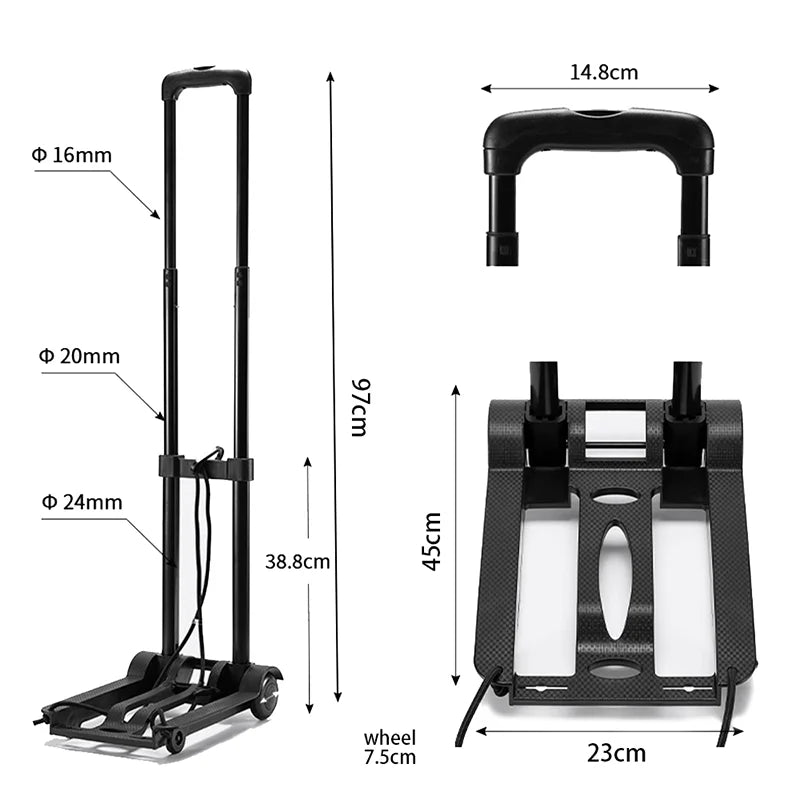 Folding Luggage Cart Wheel Trolley 35kg Heavy Duty Barrow Portable Hand Sack Magic Trailer for Home Travel Shopping