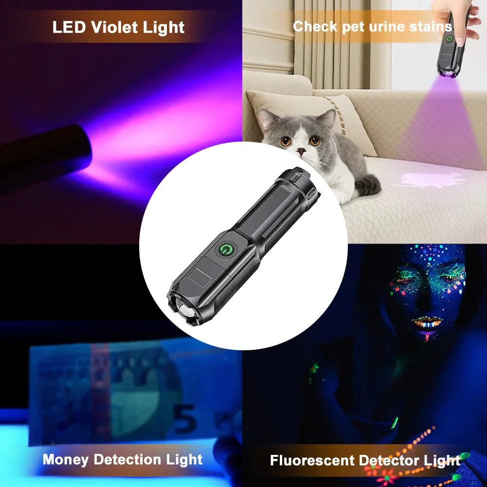 395nm Blacklight Flashlight USB Rechargeable Ultraviolet Blacklight Portable Torch Light for Pet Urine Detection Resin Curing