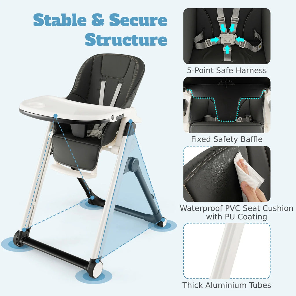 GOFLAME Foldable Baby High Chair Feeding Chair With Recline Backrest Detachable Trays