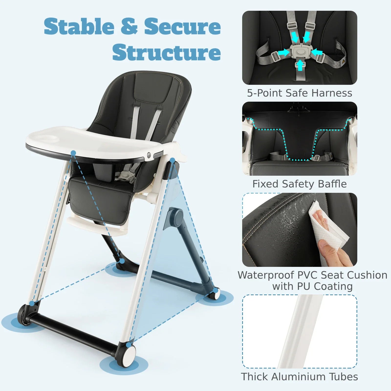 GOFLAME Foldable Baby High Chair Feeding Chair With Recline Backrest Detachable Trays