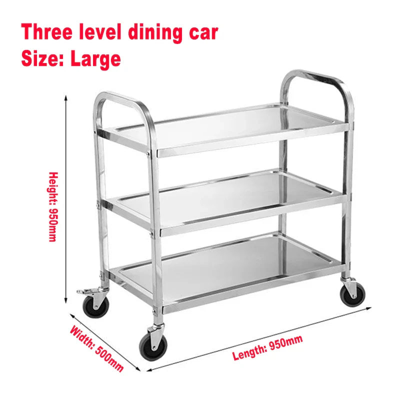 Stainless Steel Cart with Thickened Three Layers- Kitchen Utility Cart for Serving  Collecting Dishes Multi-functional Trolley