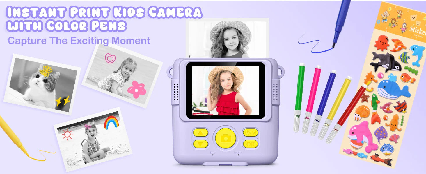 Gofunly Children's Instant Print Camera Thermal Printing Digital Camera 2.4" 1080P Camera Toy For 6-12 Years
